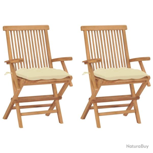 Chaises pliantes avec coussins blanc cr�me, 2 pi�ces, en bois de teck massif