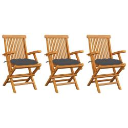 Chaises pliantes avec coussins anthracite, 3 pi&egrave;ces, en teck massif