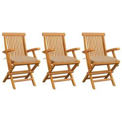 Chaises pliantes avec coussins beiges, 3 pi&egrave;ces, en teck massif