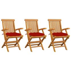 Chaises pliantes avec coussins rouges, 3 pi&egrave;ces, en teck massif