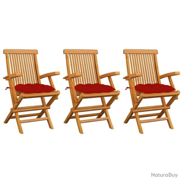 Chaises pliantes avec coussins rouges, 3 pi�ces, en teck massif