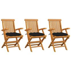 Chaises de avec coussins noir lot de 3 Bois teck massif