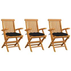Chaises pliantes en teck massif avec coussins noirs, 3 pi&egrave;ces, pour le jardin