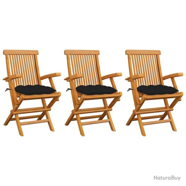 Chaises pliantes en teck massif avec coussins noirs, 3 pi�ces, pour le jardin