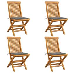 Chaises pliantes avec coussins gris, 4 pi&egrave;ces, en teck massif