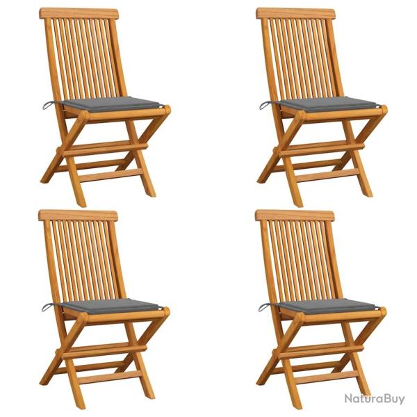 Chaises pliantes avec coussins gris, 4 pi�ces, en teck massif