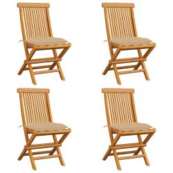 Chaises pliantes avec coussins beiges, 4 pi&egrave;ces, en teck massif