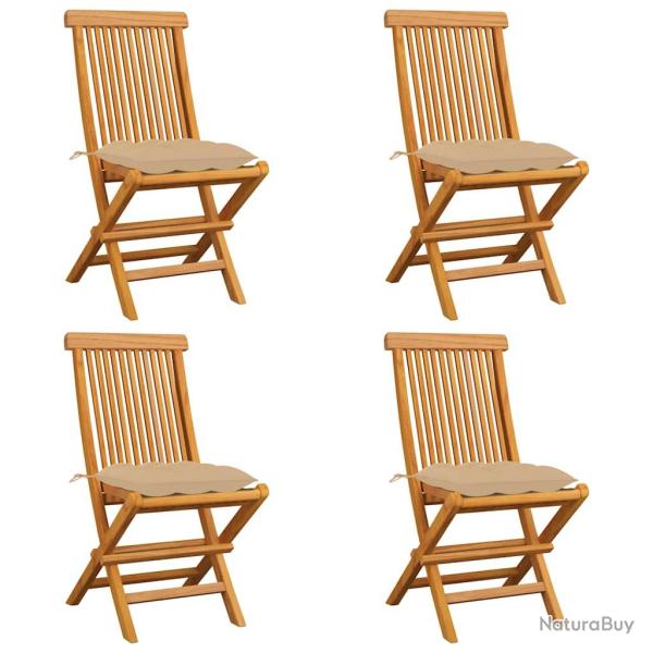 Chaises pliantes avec coussins beiges, 4 pi�ces, en teck massif
