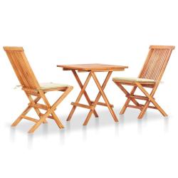 Ensemble de bistro 3pcs avec coussins cr&egrave;me Bois de teck massif
