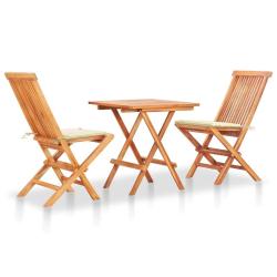 Ensemble de bistro 3 pi&egrave;ces avec coussins cr&egrave;me, en bois de teck massif, pour le jardin