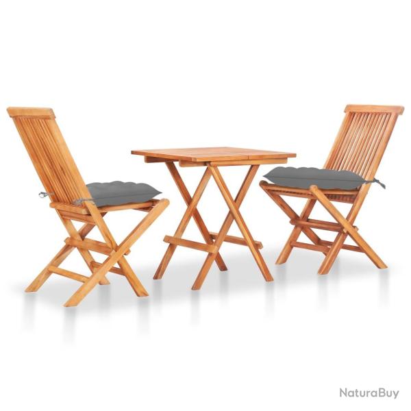 Ensemble de bistro 3 pcs avec coussins gris Bois de teck massif