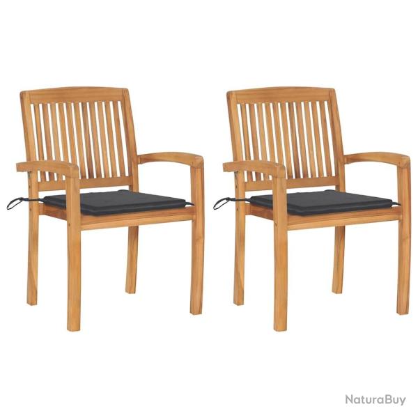 Chaises, lot de 2, avec coussins anthracite, en bois de teck