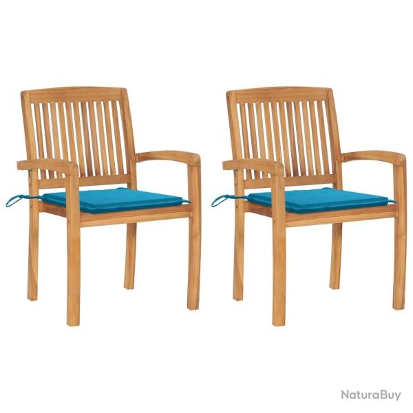 Chaises, lot de 2, avec coussins bleus, en bois de teck massif