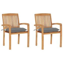 Chaises, lot de 2, avec coussins gris, en bois de teck massif