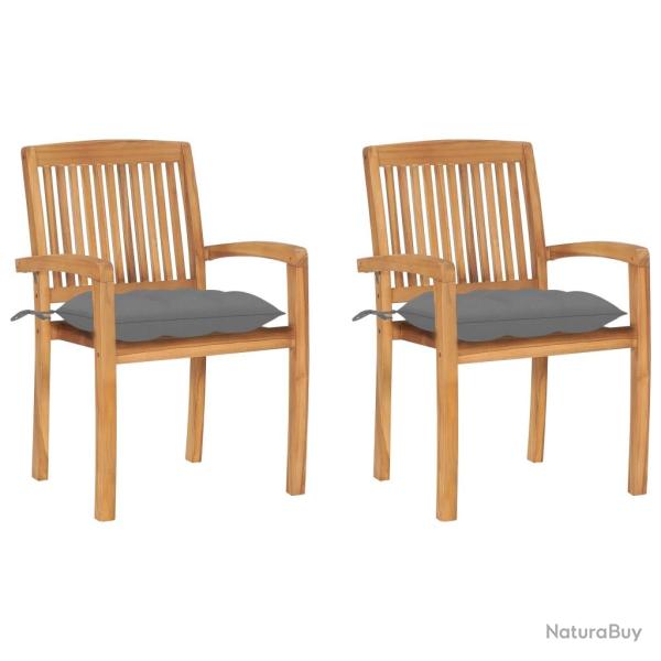 Chaises, lot de 2, avec coussins gris, en bois de teck massif