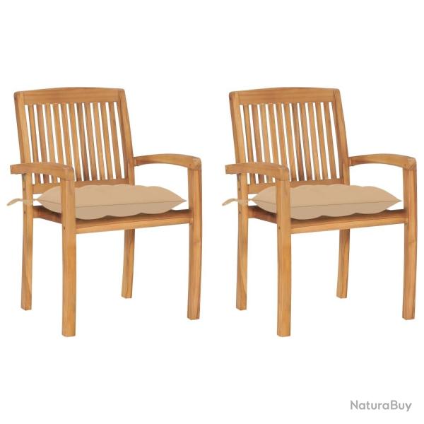 Chaises, lot de 2, avec coussins beiges, en bois de teck massif
