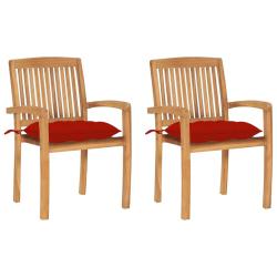Chaises, lot de 2, avec coussins rouges, en bois de teck