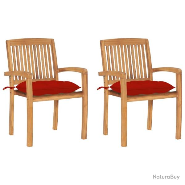 Chaises, lot de 2, avec coussins rouges, en bois de teck