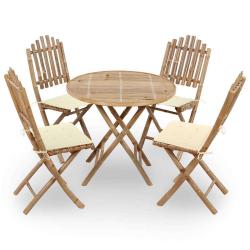 Mobilier &agrave; d&icirc;ner d'ext&eacute;rieur pliable 5 pcs avec coussins bambou