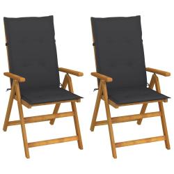Fauteuils pliants inclinables, lot de 2, avec coussins, en bois d'acacia massif pour la terrasse