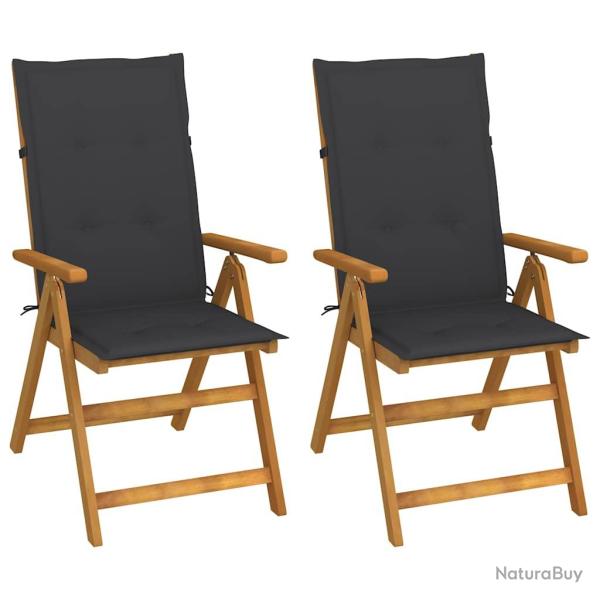 Fauteuils pliants inclinables, lot de 2, avec coussins, en bois d'acacia massif pour la terrasse