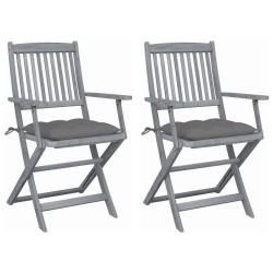 Chaises pliantes, 2 pi&egrave;ces, avec coussins, en bois d'acacia massif