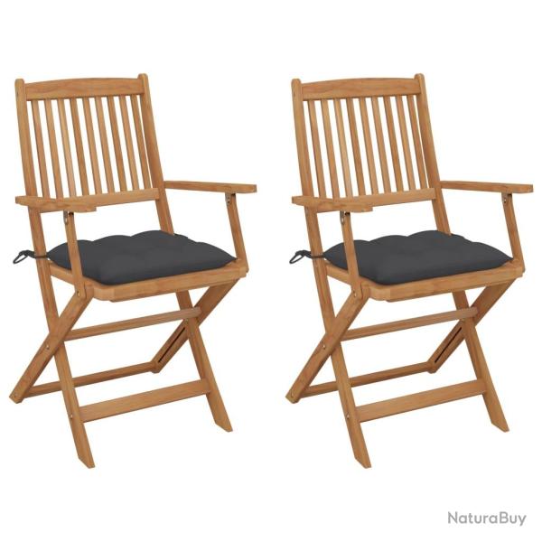 Chaises pliables de lot de 2 avec coussins Bois d'acacia