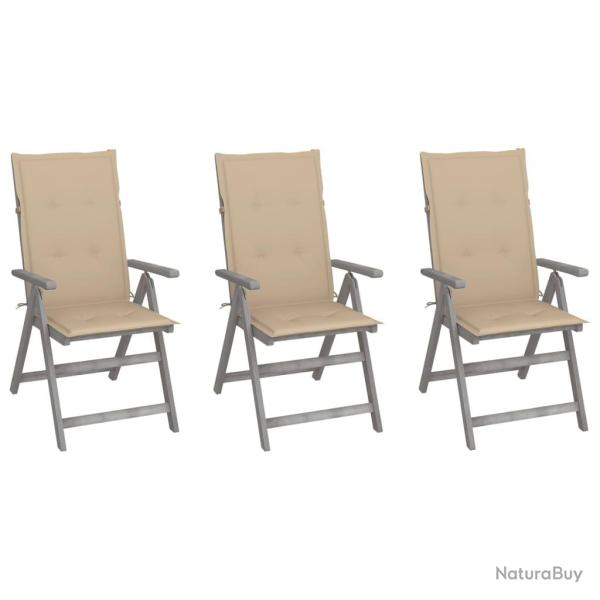 Chaises inclinables, 3 pi�ces, avec coussins, en bois d'acacia, pour la terrasse