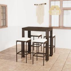 Meuble de bar de 5 pcs et coussins R&eacute;sine tress&eacute;e Marron