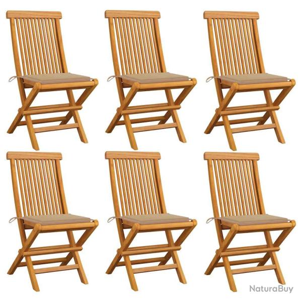 Chaises pliantes avec coussins beiges, 6 pi�ces, en teck massif