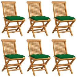 Chaises pliantes avec coussins verts, 6 pi&egrave;ces, en teck massif
