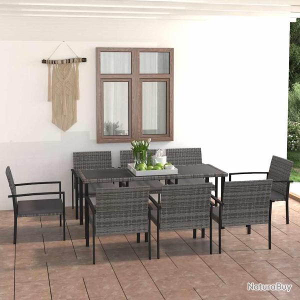 Ensemble table et chaises, 9 pi�ces, r�sine tress�e, gris, pour le jardin