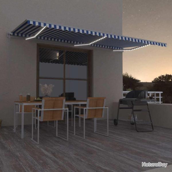 Auvent automatique capteur de vent LED 600x350 cm Bleu et blanc