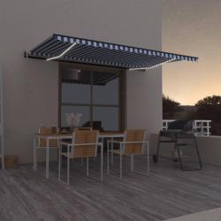Auvent automatique capteur de vent/LED 500x300 cm Bleu et blanc