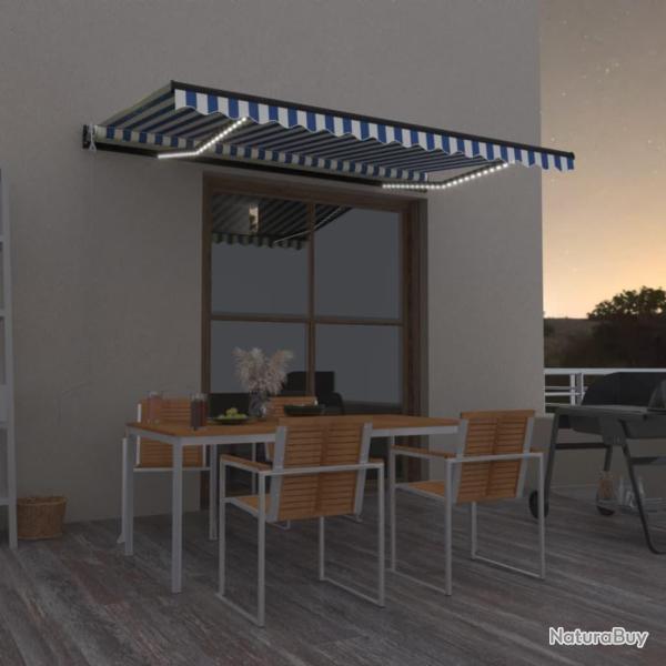 Auvent automatique capteur de vent/LED 400x350 cm Bleu et blanc