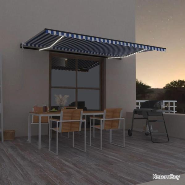 Auvent automatique capteur de vent LED 500x350 cm Bleu et blanc