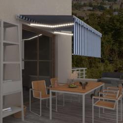 Auvent manuel r&eacute;tractable et store et LED 3x2,5 m Bleu et blanc