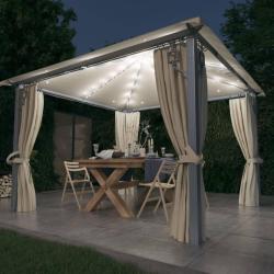 Tonnelle avec rideau et lumi&egrave;res LED 3x3 m Cr&egrave;me Aluminium