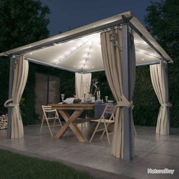 Tonnelle avec rideau et lumi�res LED 3x3 m Cr�me Aluminium