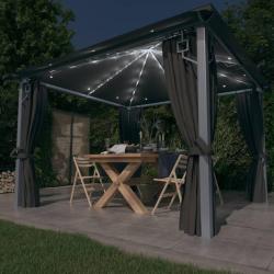 Tonnelle avec rideau et lumi&egrave;res LED 3x3 m Anthracite Aluminium