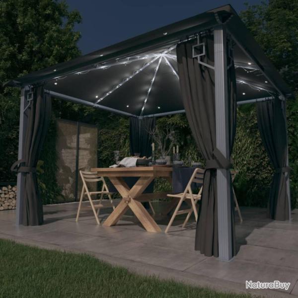 Tonnelle avec rideau et lumi�res LED 3x3 m Anthracite Aluminium