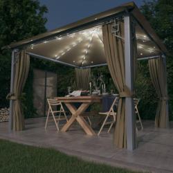 Tonnelle avec rideau et lumi&egrave;res LED 3x3 m Taupe Aluminium