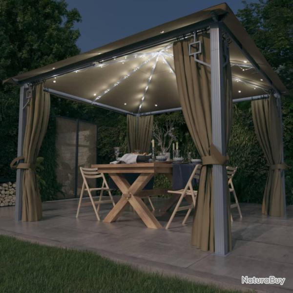 Tonnelle avec rideau et lumi�res LED 3x3 m Taupe Aluminium