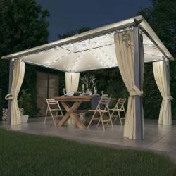 Tonnelle avec rideau et lumi&egrave;res LED 4x3 m Cr&egrave;me Aluminium
