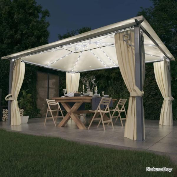 Tonnelle avec rideau et lumi�res LED 4x3 m Cr�me Aluminium