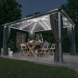 Tonnelle avec rideau et lumi&egrave;res LED 4x3 m Anthracite Aluminium