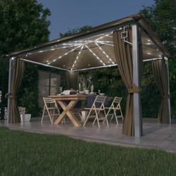 Tonnelle avec rideau et lumi&egrave;res LED 4x3 m Taupe Aluminium