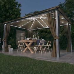 Tonnelle avec rideau et lumi&egrave;res LED en aluminium taupe, pour la terrasse, 4 &times; 3 m