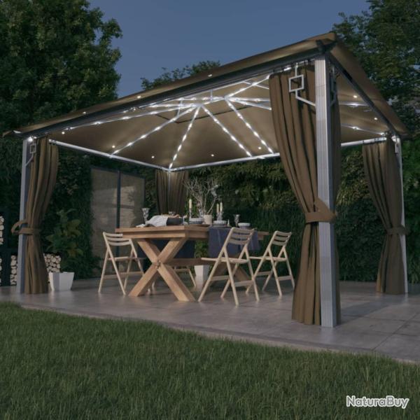 Tonnelle avec rideau et lumi�res LED 4x3 m Taupe Aluminium