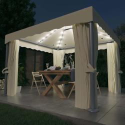 Tonnelle et rideau et guirlande lumineuse LED 3x3 m Blanc cr&egrave;me